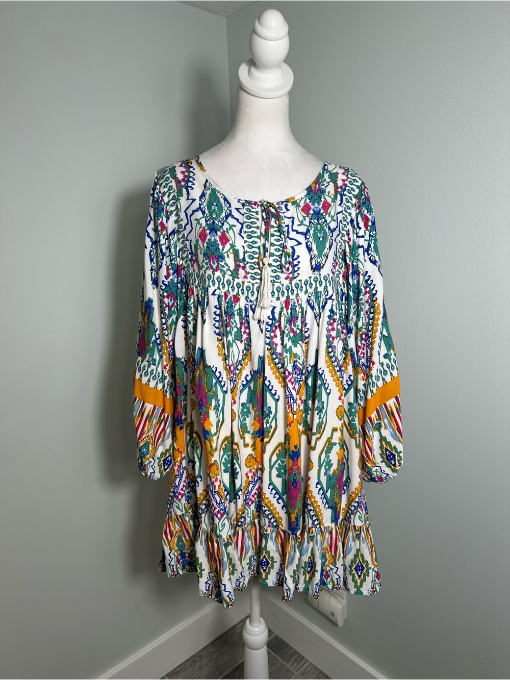 Rachel Zoe Boho Mixed Print Tassel Balloon Sleeve Peasant Tunic Top Size 3X